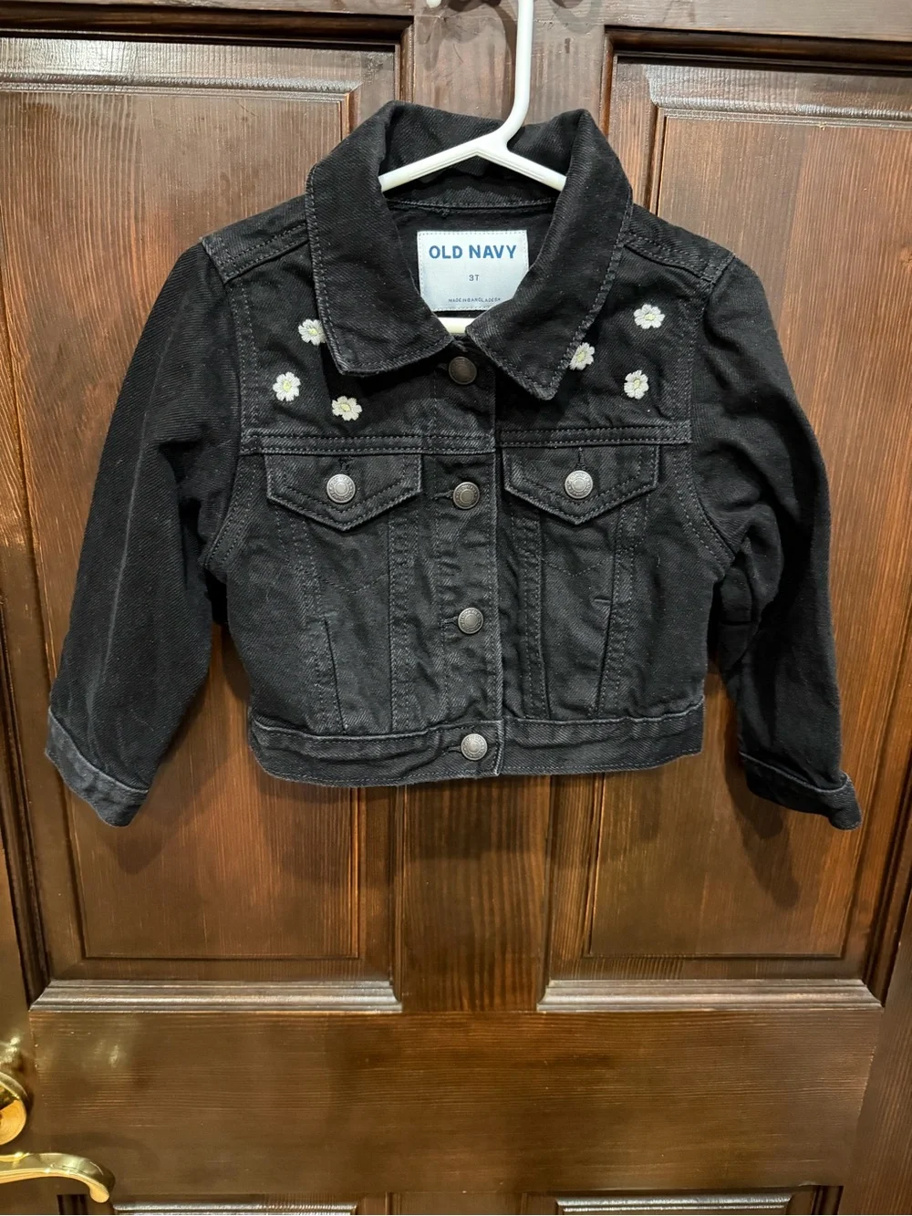 Old Navy Black Denim Jacket with White Daisy Accents